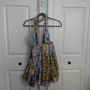 ZARA Womens Halter Neck Top Yellow Blue Floral Print Deep V-Neck Size XL
